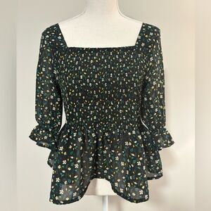 People Black Ditsy Floral Smocked Square Neck Peplum Blouse Size L